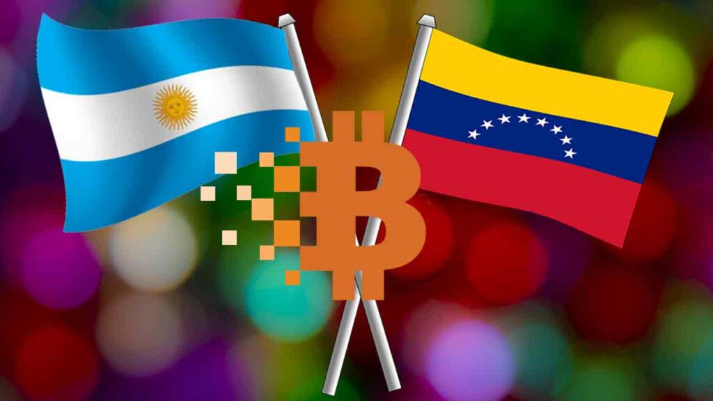 Aregentiina ja Venezuela rahvuslipud ja Bitcoini logo, kirjeldamaks eelmainitud riikide plaani kasutusele võtta krüptoraha