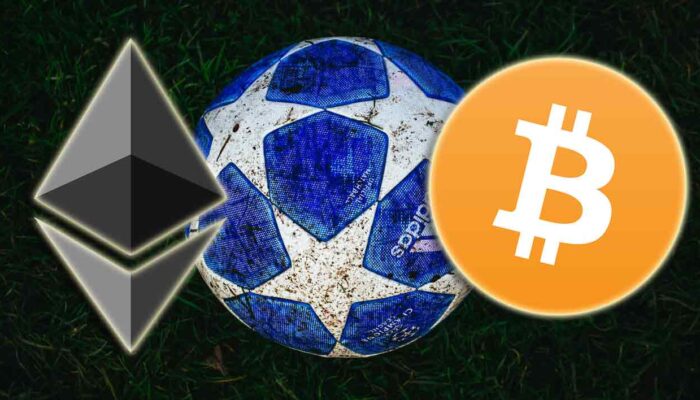 Pilldil kujutatud jalgpall ja kürptorahad Ethereum ning Bitcoin, näitamaks krüpto integreeritust ka spordis