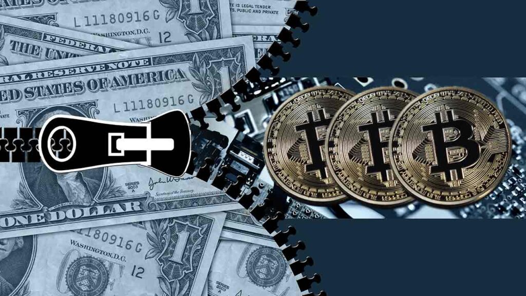 Pildil on USA dollarid ning bticoini mündid, mis illustreerivad teemat USA firma soetas $250 miljoni eest bitcoine