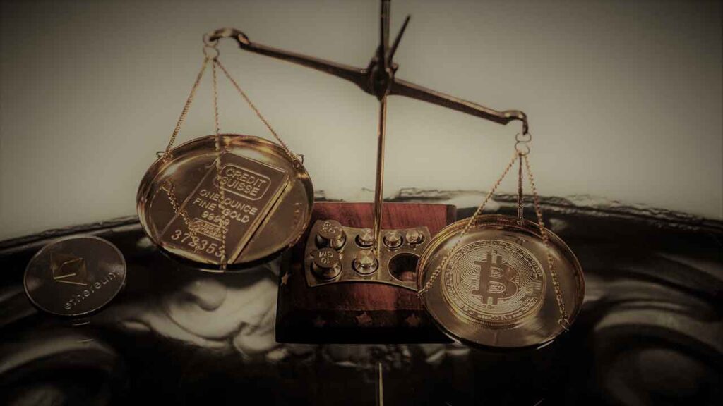 Pildil on kaalukausil kuld ja Bitcoin, mis illustreerib teemat "Digitaalne kuld" edestab traditsioonilist kulda